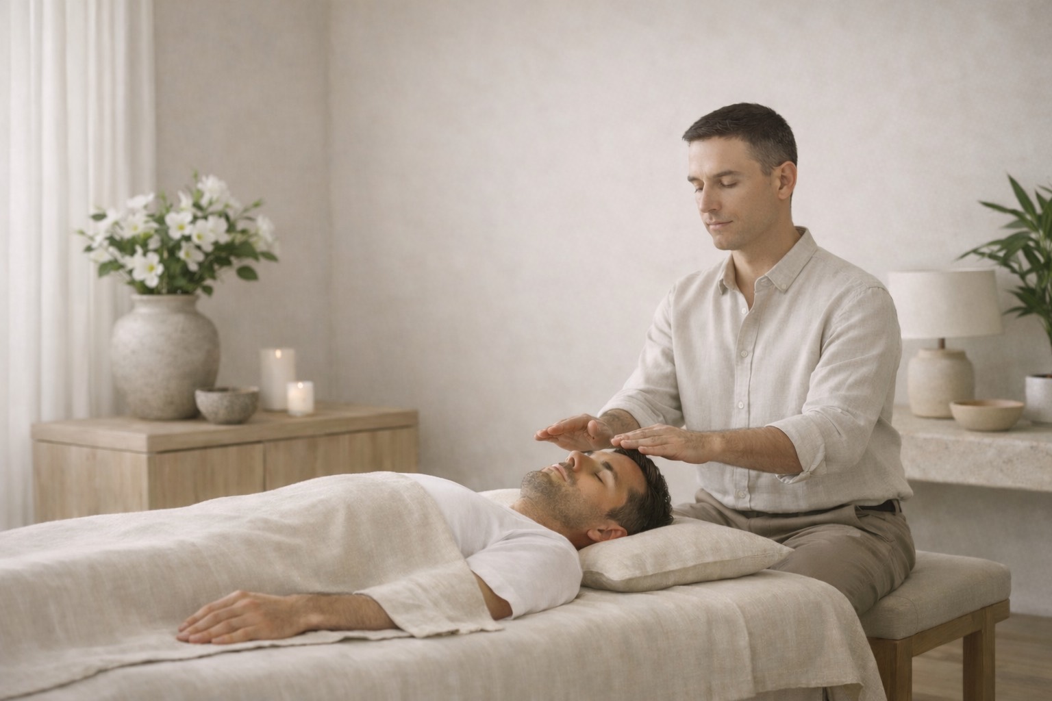 Male Reiki healer offering a calm private Reiki session to a resting male client in a refined healing room in Dubai.